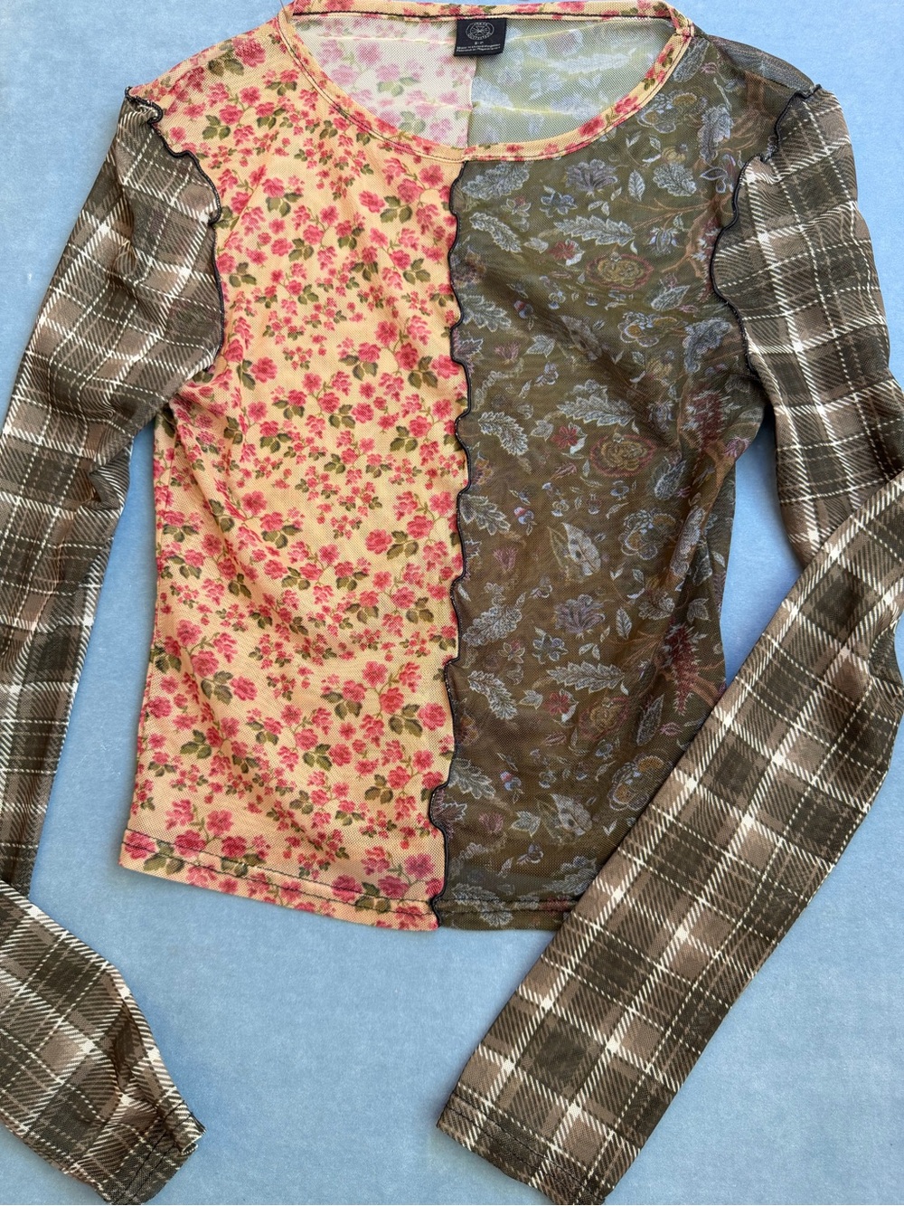 Urban Outfitters Vintage-Inspired Patchwork Long Sleeve Top - Brown/Pink Sheer S - Picture 3 of 5